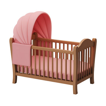 A detailed 3d render of a pink and wood baby crib ideal for digital projects on transparent background