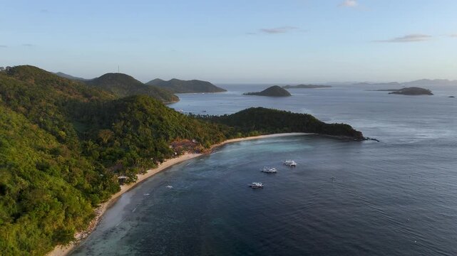 Drone aerial view of KMAAL campsite in Linapacan near Coron in The Philippines.