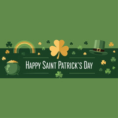 Obraz premium Saint Patrick's Day celebration with festive symbols like a pot of gold, rainbow, shamrock, and leprechaun hat on a green background.