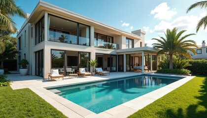 Fototapeta premium Modern luxury home with swimming pool and patio. Large windows, palm trees, manicured lawn, covered outdoor dining area. Upscale suburban residence, beautiful sunny day. Architecture.