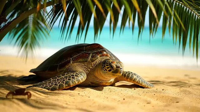 Sea turtle resting on a sandy beach under a palm tree with ocean background.