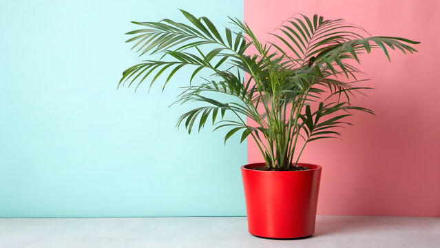 A tropical palm houseplant with lush green leaves grows in a decorative potted flowerpot, creating a natural indoor flora decoration for a modern home interior