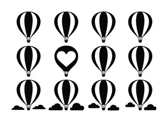 Collection of Black and White Hot Air Balloon with Heart and Clouds © vector Art