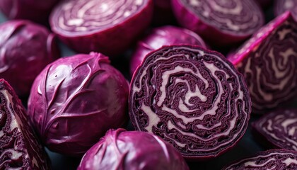 Obraz premium Vibrant red cabbage halves and whole heads arranged closely. The cross-sections reveal intricate white and purple layered patterns, showing freshness for healthy meal prep.