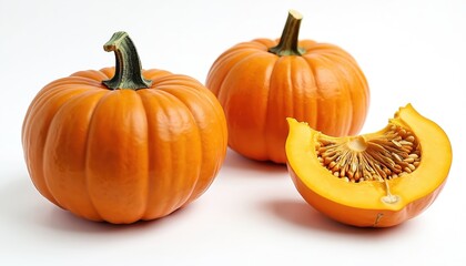 Obraz premium Whole orange pumpkins and one cut slice with seeds sit on white surface. Autumnal gourds ready for fall harvest, food preparation, or holiday decoration.