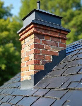 Closeup view of a repaired brick chimney with a new metal cap and flashing on a slate roof. Bricks are red and yellow hues. Slate tiles are dark grey. Green trees visible in background.