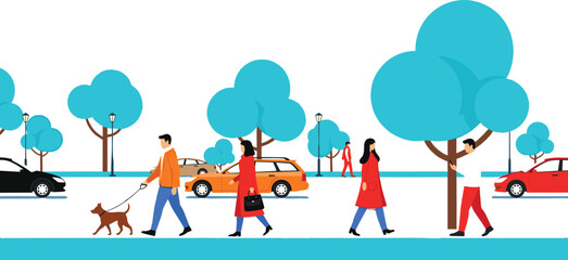 Fototapeta premium Urban Street Scene with People Walking Illustration