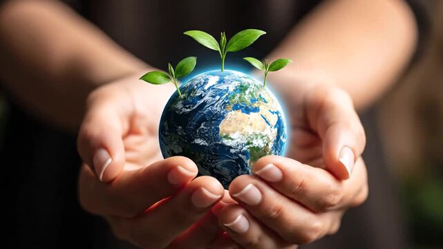 Caring hands cradle our precious Earth with green sprouts, celebrating Earth Day and nurturing the planet's future for every new day
