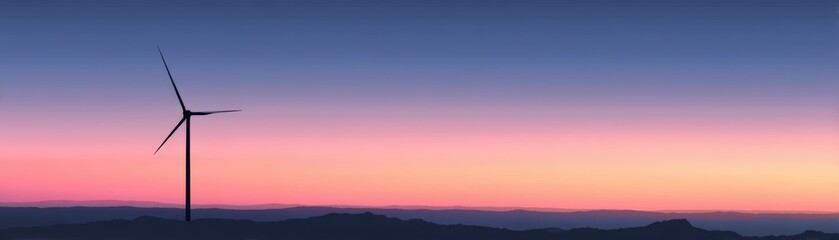 Fototapeta premium A single wind turbine stands on a ridge against a vibrant sunset sky with hues of pink, purple, and blue, overlooking distant mountain silhouettes, Renewable energy savings check list