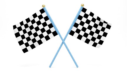Two crossed checkered racing flags on white background.