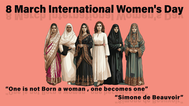 International Women's Day Vector Illustration &ndash; Diverse Group of Women in Traditional Cultural Attire with Simone de Beauvoir Quote
