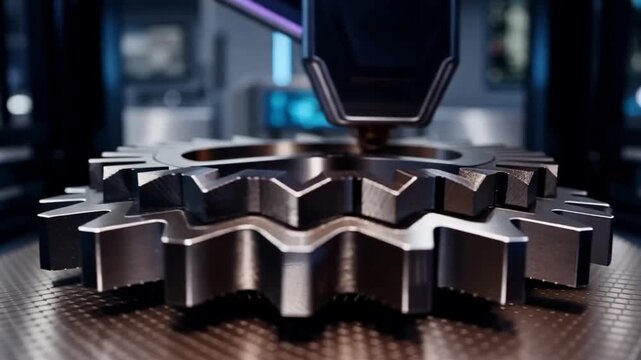 3 d printer printing gear part inside futuristic machine