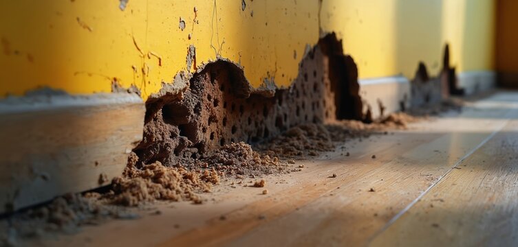 Close view of termite damage on wall baseboard. Mud tubes and sawdust show pest infestation. Home repair needed to fix wood damage from insects. Damage is visible on floor.