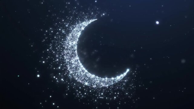 Glowing Crescent Moon Made of Sparkling Particles in Starry Night Sky Cosmic Background with Shining Stars and Crescent Shape Light Effect