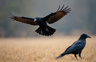 Fototapeta premium Black raven flies over dry grass field. Another bird stands on ground. Nature scene with wildlife. One raven preparing for landing, other is watching.