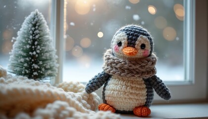 Obraz premium Amigurumi penguin toy with scarf sits by window. Miniature xmas tree nearby. Soft knitted plushie looks cute, ready for winter holiday season.