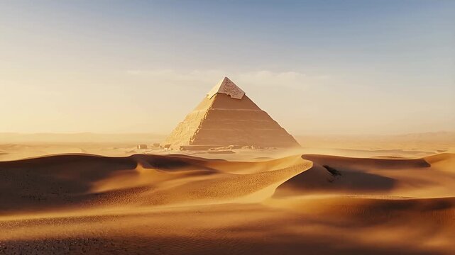 Ancient desert landscape with majestic pyramid structure and shifting sand dunes, history exploration, dunes.