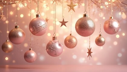 Rose gold Christmas ornaments hang in soft light. Stars and glitter baubles decorate branches with bokeh lights. Festive holiday winter background banner.