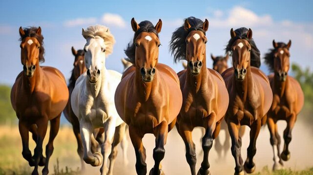 Powerful herd of brown and white horses galloping fast toward the camera across a dusty sunny field