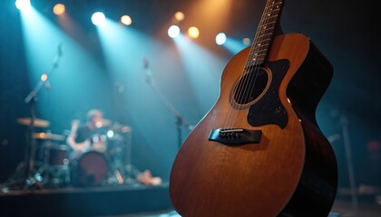 Naklejka premium Acoustic guitar on concert stage with drummer in background. Bright blue and orange lights create moody atmosphere for live music performance.