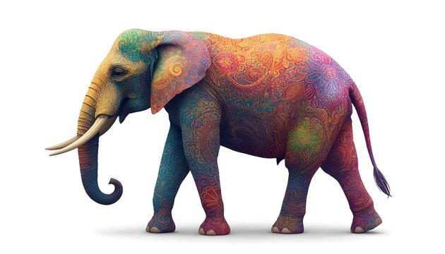 Majestic elephant adorned with intricate, vibrant psychedelic mandala patterns walking isolated on a clean white background representing spiritual journey and cultural art