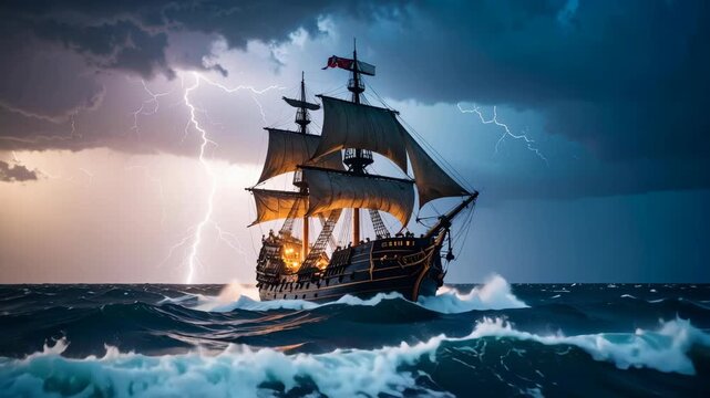 A large vintage wooden sailing ship navigating through a rough sea under a dramatic lightning storm at night
