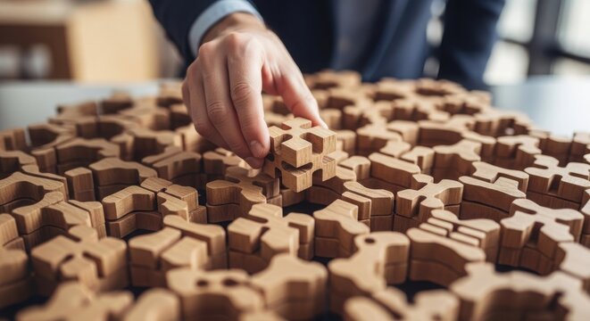 A hand placing wooden blocks into a puzzle or sorting arrangement.
