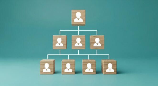 Hierarchical organization structure with interconnected team members in a pyramid layout