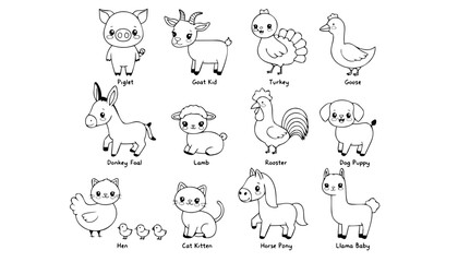 Fototapeta premium Kawaii Animal Coloring Page for Kids, 20 Cute Animals Grid Line Art, Big Eyes Chubby Animals Set, Black and White Vector Illustration