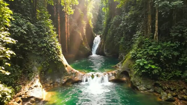 Lush Tropical Waterfall Flowing into Turquoise Pool Surrounded by Dense Green Jungle and Sunlight