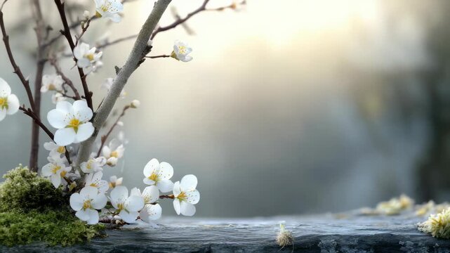Delicate white plum blossoms emerge on slender branches, signaling the vernal equinox and the gentle awakening of nature with fresh growth and renewed energy in soft light