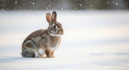 Naklejka premium Cute Wild Rabbit Sitting in Soft Snow During Snowfall, Concept for Winter Serenity, Innocent Wildlife, and Beautiful Seasonal Greeting Background