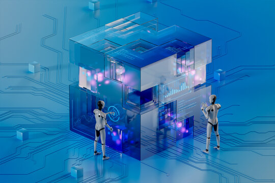 3D Twin Robot Analyst reading charts around data cube system