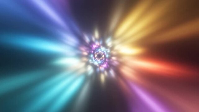 Vibrant colorful light rays burst through a futuristic tunnel