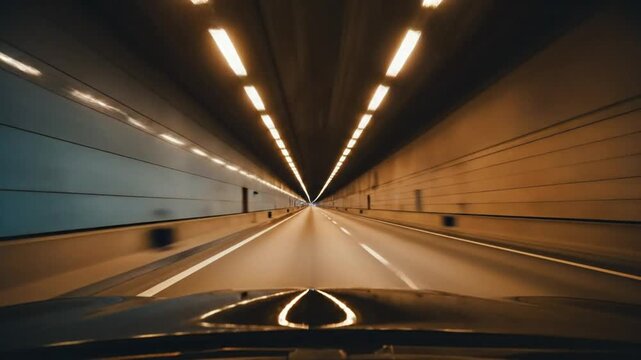 Driving POV through a long, illuminated tunnel with ceiling lights and road lines, creating a sense of speed