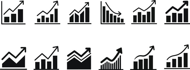 Business chart icon set showing growth and decline trends. Bar graphs with up and down arrows for analytics, statistics, financial performance, revenue increase, sales growth, profit loss.  © @rayan_rahaman