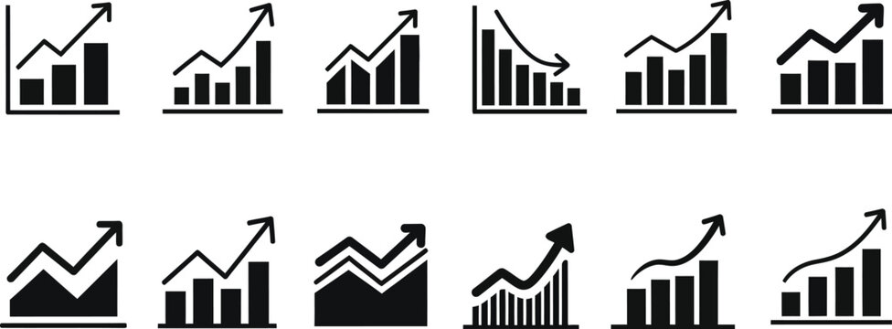 Business chart icon set showing growth and decline trends. Bar graphs with up and down arrows for analytics, statistics, financial performance, revenue increase, sales growth, profit loss. 