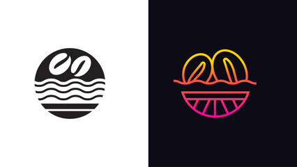 Tropical Coffee Shop Logo with Coffee Bean, Ocean Wave and Sunrise Emblem for Cafe Branding