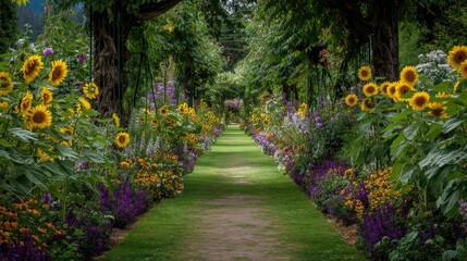 Lush Pathway in a Vibrant Flower Garden Surrounded by Sunflowers and Colorful Blossoms Under Green Canopy in the Bright Daylight