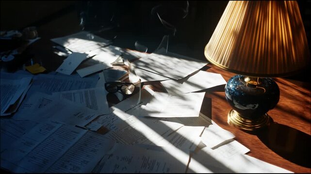 Messy Desk with Papers in Dramatic Light