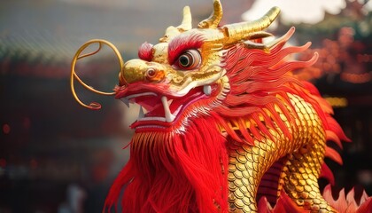 Naklejka premium Close-up of a vibrant golden and red Chinese dragon head, cultural symbol.
