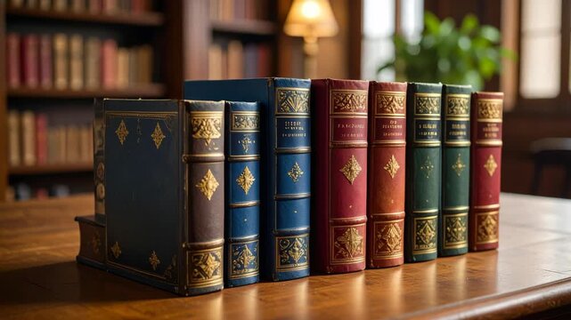 Row of antique leather bound books with gold ornaments on a polished wooden table in a classic library setting
