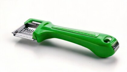 Close-up of a vibrant green vegetable peeler on a white background, kitchen utensil.