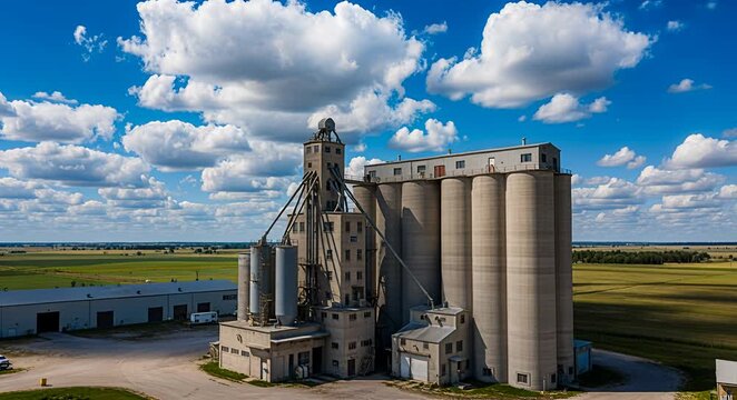 Aerial view of industrial grain storage silos in a rural agricultural landscape, farmland scenery.