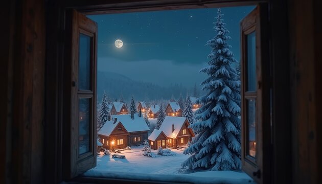 View through open window at snowy village at night. Moonlit sky over illuminated log cabins nestled in forest. Pine trees covered in snow create tranquil winter scene.