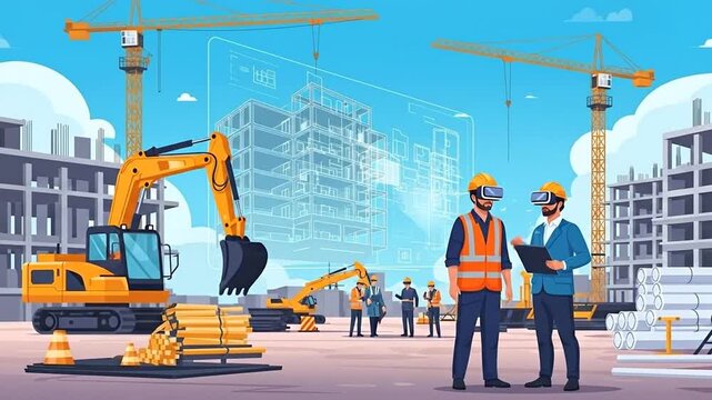Virtual Reality in Construction Site: In a dynamic construction site, where a group of engineers and workers leverage virtual reality technology, they examine and modify construction blueprints.