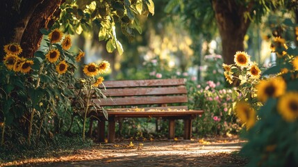 Naklejka premium Serene park scene with a wooden bench surrounded by vibrant sunflowers and blooming flowers in a lush green garden setting, perfect for relaxation and contemplation