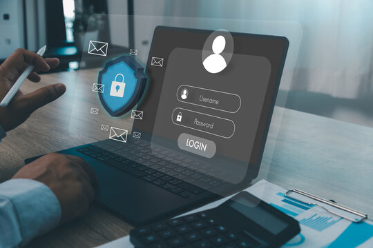 secure mail server Secure business email login on laptop with digital shield and encryption interface. Cybersecurity, data protection, password authentication and privacy concept online communication.
