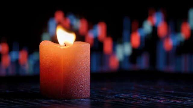 Data analysis of stock market trends with candle chart pattern illuminated by a flickering candle at night