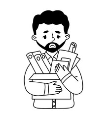 Outline Sad Unemployed Office Worker Man Carrying Box of Personal Belongings After Job Loss or Layoff. Doodle hand drawn. Vector illustration